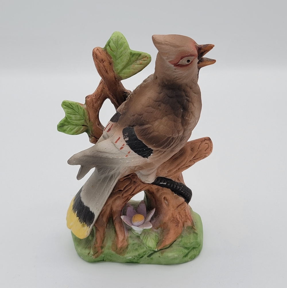 Vintage Waxwing Bird Figurine Ceramic Bisque Style Songbird Tree Stump Decor